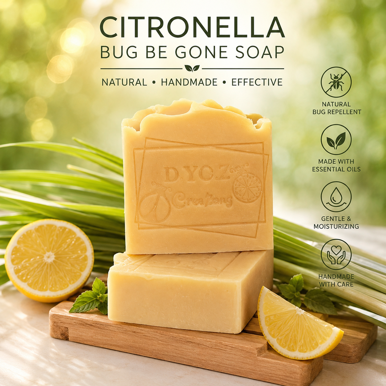 Citronella Lemongrass Bug Be Gone Summer Soap All Skin types lightly Scented. See you next year!