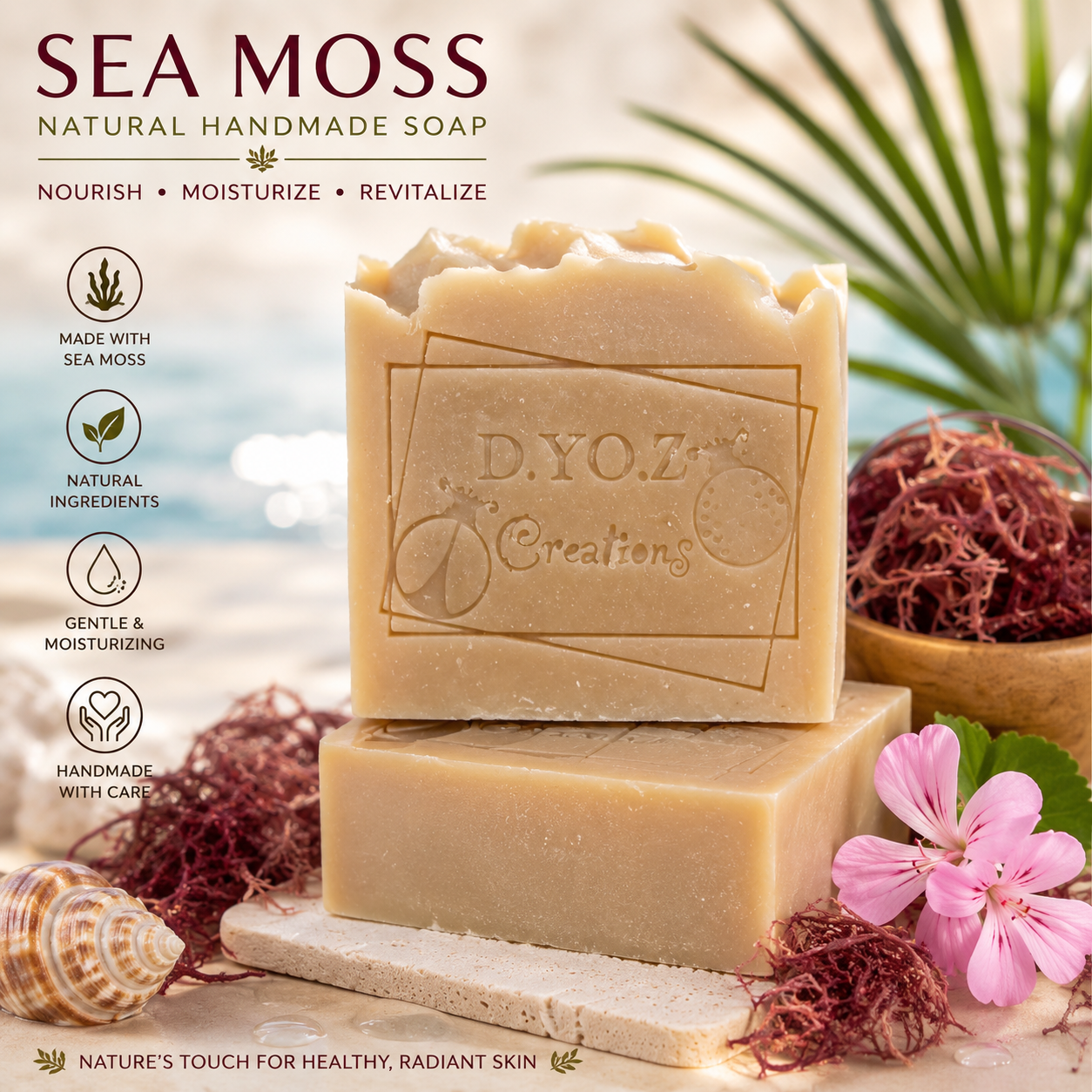 Sea moss and Geranium Bar Soap Dry, Oily, &Combination skin lightly scented